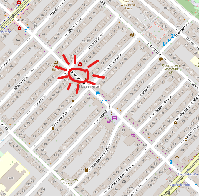 Kartenausschnitt der Pappelstraße in Bremen-Neustadt. Eine handgezeichnete rote Sonne markiert in etwa die Stelle des Broke Artists Shops.