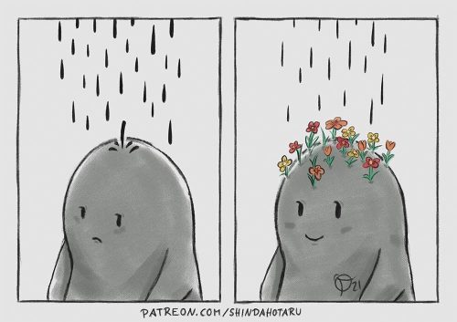2 panel comic of a sad Ghost but rain is making flowers bloom on its head